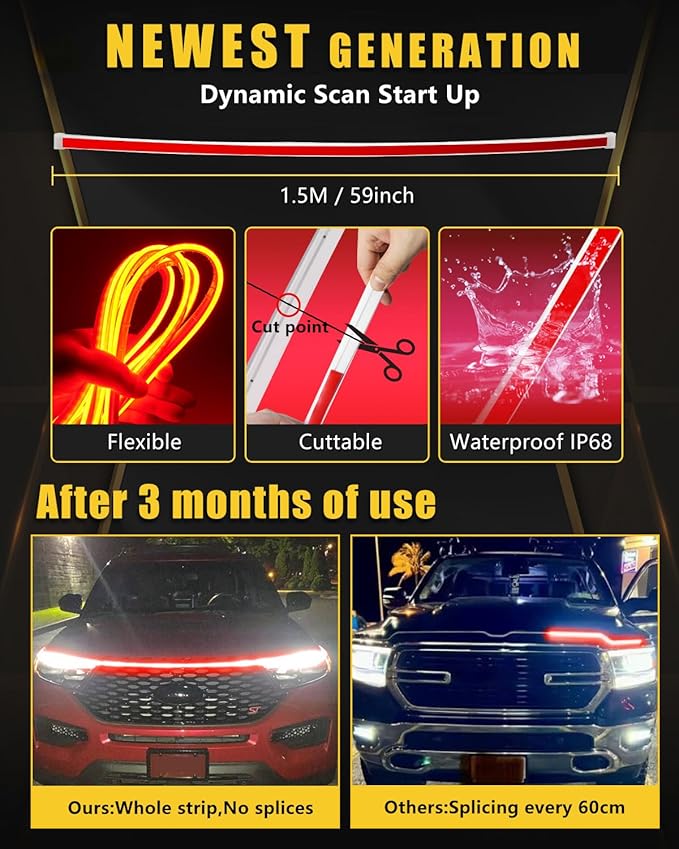 Sequential Turn Signal Led Light Strip Dynamic Scan Start Up Hood Lights Flexible DRL Daytime Running Light for Car,Truck,SUV,Dual Color Red Amber Flowing Switchback 12V 59inch /1.5M (1Set)