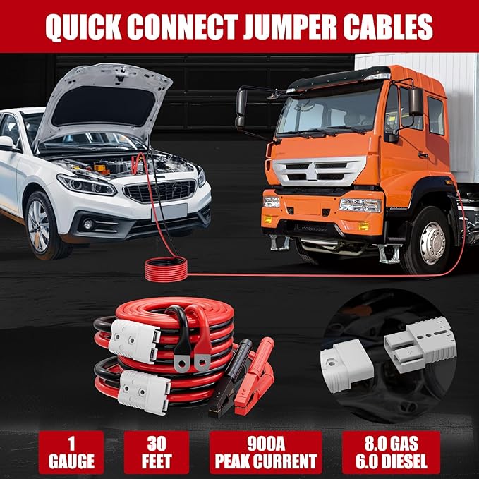 1 Gauge 30 FT Heavy Duty Jumper Cables for Car Battery, 900Amp Quick Connect Booster Cables for Jump Starting Dead or Weak Batteries, Suitable for 8L Gas & 6L Diesel, Carrying Bag Included