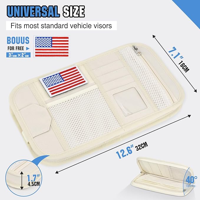 HUANLANG Car Sun Visor Organizer, Tactical Car Accessories with Zipper Storage Pouch, Glasses Clip Card Sleeve Pocket, Multi-Pocket Visor Organizer Fits Most Cars, SUVs, Trucks