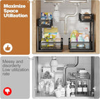 2 Pack 15.7IN-Depth Under Sink Organizer With Smooth Cylindrical Rail,2-Tier Pull Out Multi-Purpose Cabinet Storage for Bathr
