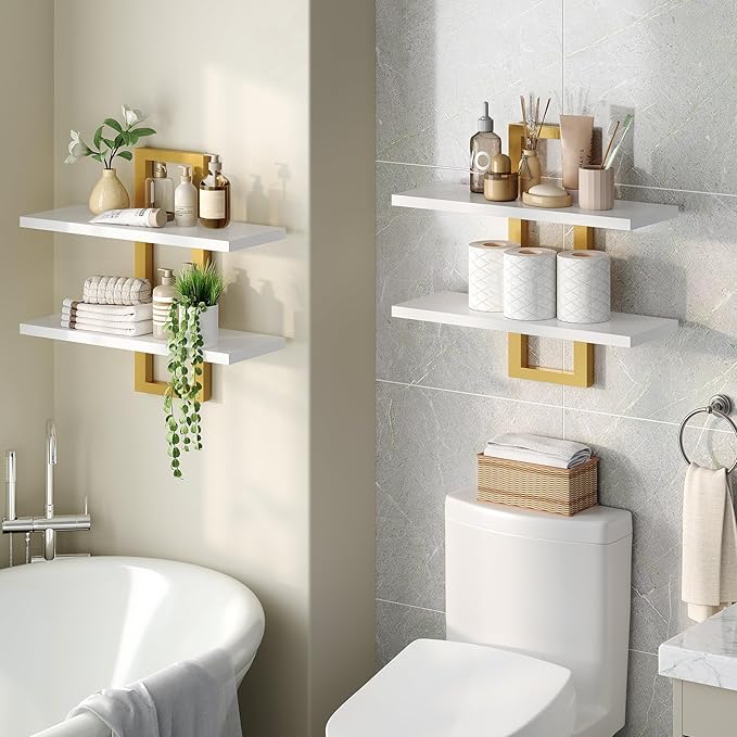 HOOBRO Floating Shelves, 15 Inch Wall Shelf Set of 2, Wall Mounted Storage Shelves 2-Tier, Hanging Bathroom Shelves, for Livi