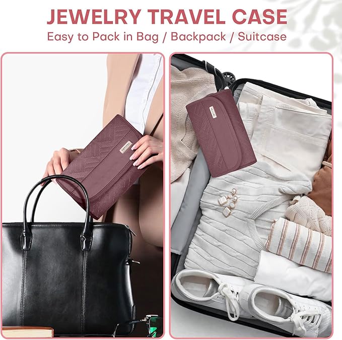 Travel Jewelry Organizer Box, Foldable Travel Case for Earrings, Necklaces, Rings, Bracelets, Red Sandalwood