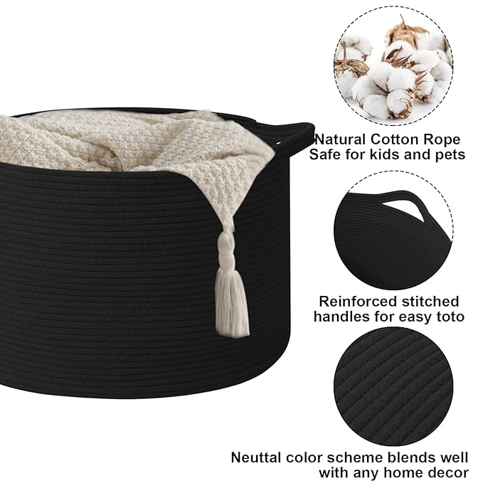 65L Extra Large Woven Cotton Rope Blanket Basket with Handles, Laundry Hamper Storage Bin for Pillows, Comforters,Clothes, To