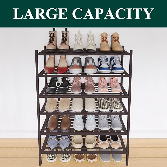 Smiry Bamboo Shoe Rack 6-Tier, Stackable Wooden Shoe Organizer for Entryway & Closet, Free Standing Wood Shoe Storage Shelf f