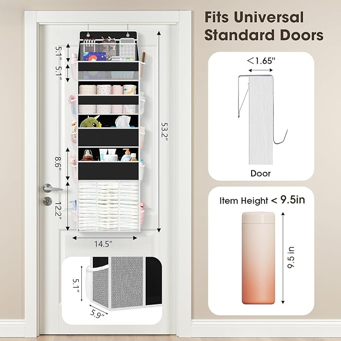 WISELIFE 5-Tier Over the Door Organizer for Hanging - 50LB Heavy-Duty Back of Door Organizer with 5 Spacious Pockets & 13 Mes