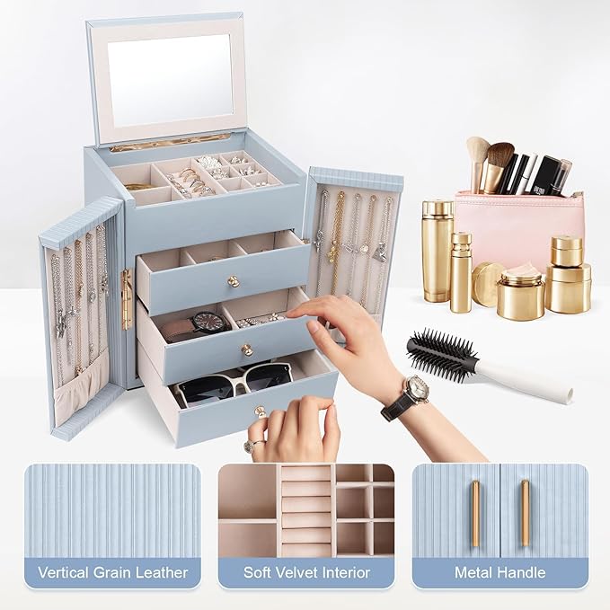 Dajasan Large Jewelry Box Organizer, Jewelry Storage Organizer with 3 Drawers, Huge Jewelry Box with Mirror for Women Girls, 