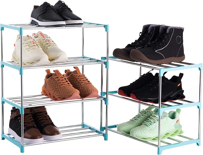 4-Tier Stackable Small Shoe Rack, Lightweight Shoe Shelf Storage Organizer for Entryway, Hallway and Closet (Blue)