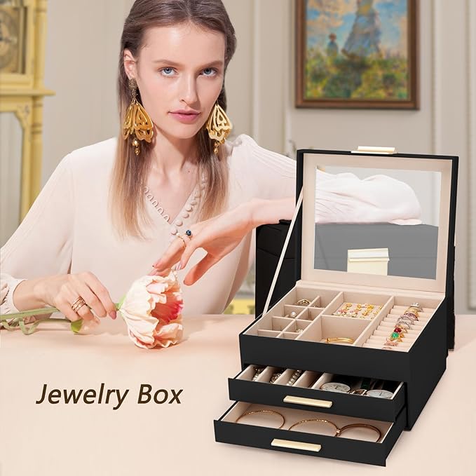 3-Layer Jewelry Box for Women, Jewelry Organizer with Glass Lid and Drawers, Jewelry Organizers and Storage for Necklaces, Ri