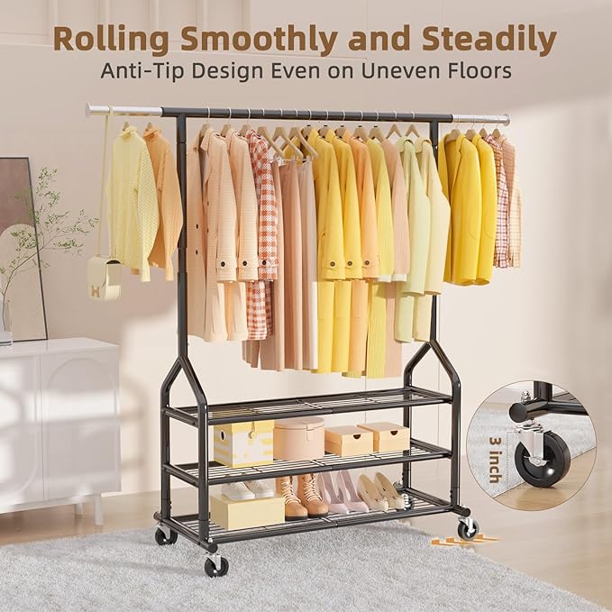 EAGMAK Heavy Duty Clothes Rack Load 556 LBS, Rolling Clothing Rack With 3 Shelves, Adjustable Metal Clothes Hanger with Wheel