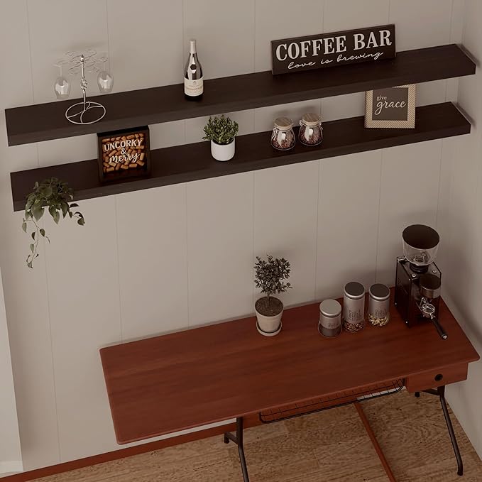 IEO Long Wooden Floating Shelves for Room Wall, Natural Wood Floating Shelves Wall Mounted Kitchen Shelf for Living Room, Bed