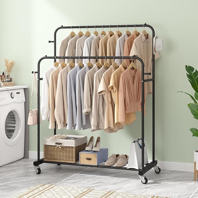 Laiensia Double Rods Garment Rack with Wheels, Clothing Rack for Hanging Clothes,4 Hooks, Multi-functional Bedroom Clothes Ra