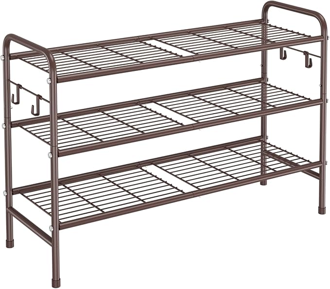 VILICK 3 Tier Shoe Rack 33" Wide Metal Shoe Organizer Long Shoe Storage with 4 Side Hooks Sturdy Shoes Shelf for Front Door E