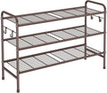 VILICK 3 Tier Shoe Rack 33" Wide Metal Shoe Organizer Long Shoe Storage with 4 Side Hooks Sturdy Shoes Shelf for Front Door E