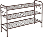 VILICK 3 Tier Shoe Rack 33" Wide Metal Shoe Organizer Long Shoe Storage with 4 Side Hooks Sturdy Shoes Shelf for Front Door E