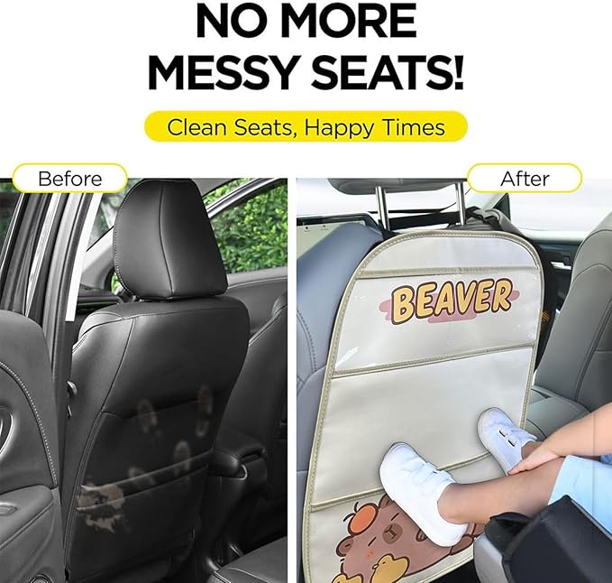 kids Leather Car Backseat Organizer with Foldable Table Tray, Car Storage Organizer with Tablet Holder, Car Seat Back Protectors Kick Mats, Travel Accessories (Capybara)