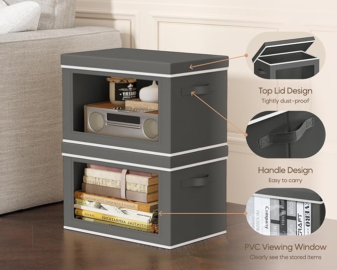 Homsorout Collapsible Storage Bins with Lids - Stackable Storage Containers with Window, 3 Pack Fabric Bins for Closet, Home 