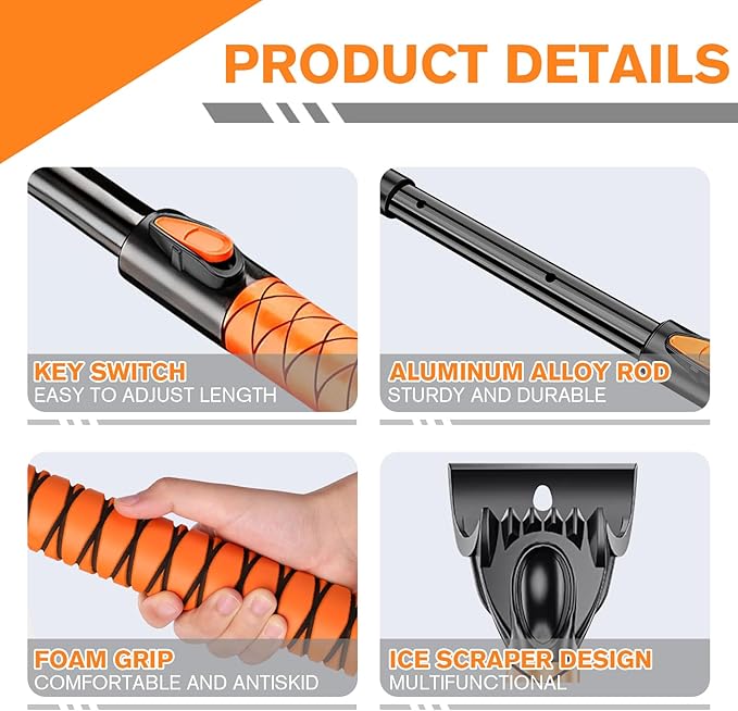 Extendable Snow Brush and Ice Scraper for Car, 30"-35"-39" Adjustable Long Handle & 4.3" Ice Chipper, 360° Pivoting Brush Head & Comfortable Antiskid Grip