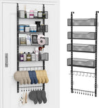 Over the Door Organizer, 2 in 1 Metal Hanging Closet Organizer & Hat Rack with 4 Adjustable Baskets, 8 Hooks, 10 Clips, Behin
