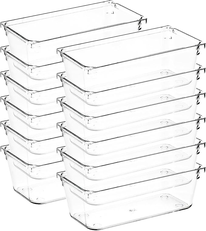 12 Pack Drawer Organizer - 3" X 6" Clear Acrylic Storage Bins with Non-Slip Pads, Versatile Desk Tray for Makeup, Jewelry, Ki