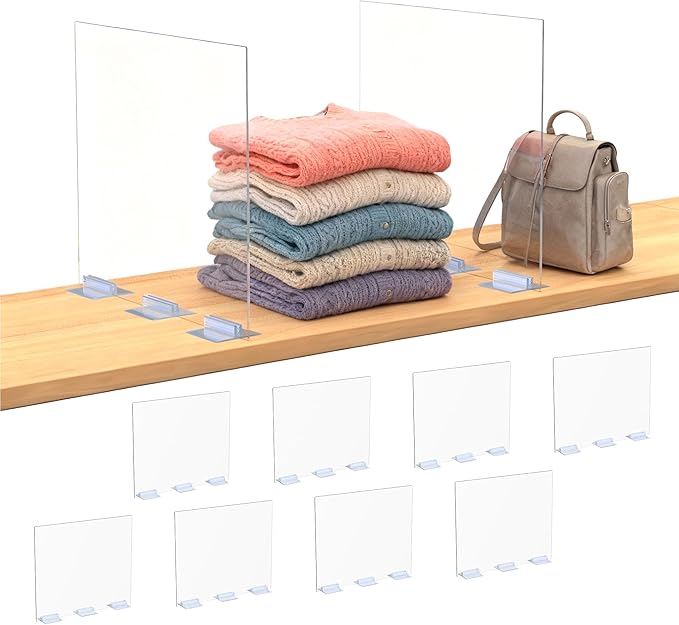 Acrylic Shelf Dividers for Closet Organization: Clear Removable 10/11.8" Tall X 11.8/10" Deep Clipless Separators 8 Pack for 