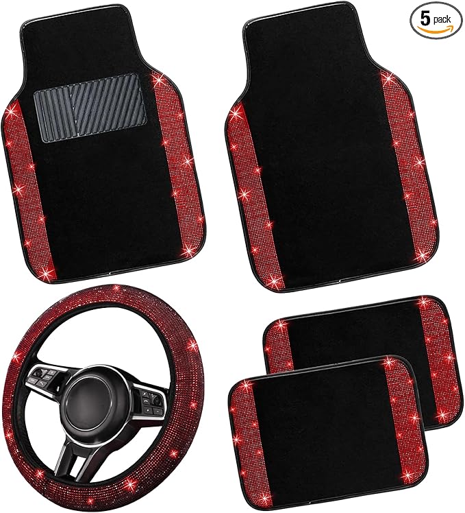 NBTEPEM Bling Car Floor Mats Full Set and Steering Wheel Cover, Universal Fit Most Cars, 4 pcs Sparkle Glitter Diamond Carpet, 5 pcs Bling Car Accessories Set for Women (Red Diamond)