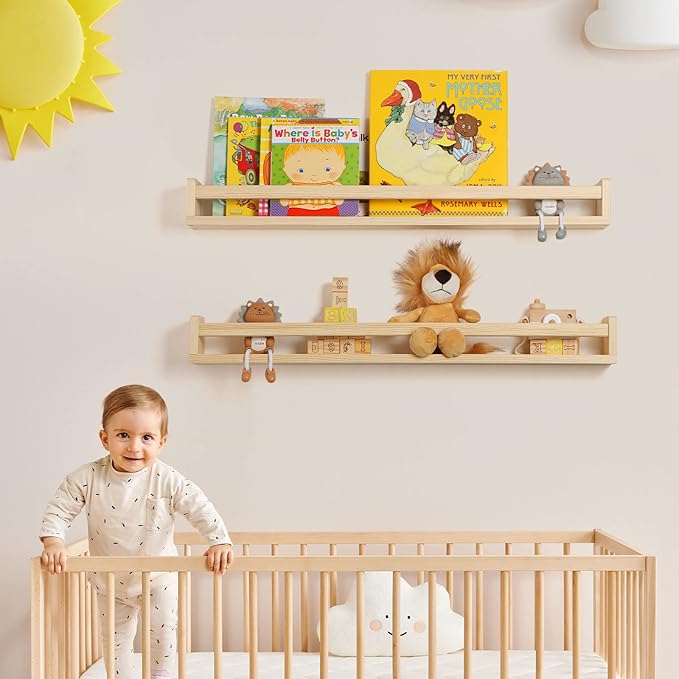 Fun Memories Nursery Book Shelves - Rustic Natural Solid Wood Floating Bookshelf for Kids - Wall Book Shelves for Kids Room (