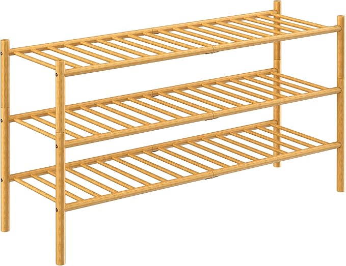 ROMGUAR CRAFT 3-Tier Bamboo Long Shoe Rack, Free Standing Wood Shoe Shelf Storage Organizer for Closet Entryway Stackable 35"