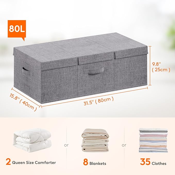 Lifewit 80L Under Bed Storage Containers, 9.8 Inch Tall Underbed Clothes Storage Organizer Bin with Sturdy Sidewalls, Bottom,