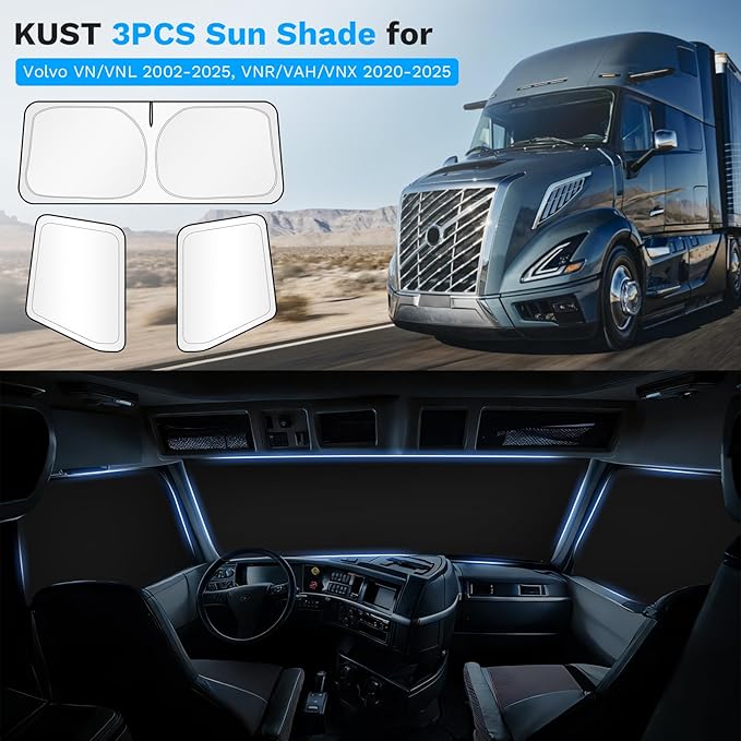 KUST Full Coverage Window Shades for Volvo VN/VNL 2002-2025, VNR/VAH/VNX 2020-2025 Accessories, Window Cover UV Block Privacy Protection Keep Your Car Cool Easy Install Full Set 3PCS