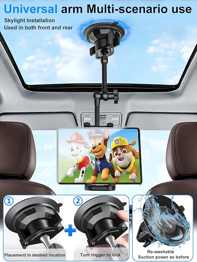 Tablet Holder Mount for Car - Anti-Shake Dashboard Windshield Sunroof Stand for Truck/Car/Pickup/Van, Heavy Duty Metal Tablet Mount for 4-12.9" iPad Pro Air Mini, Z Fold, iPhone