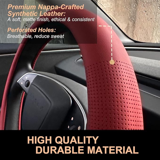 PINCTROT Nappa Leather Steering Wheel Cover for Tesla Model Y/3 Highland/Juniper, D Shaped 14 Inch Small Sized with Breathabl