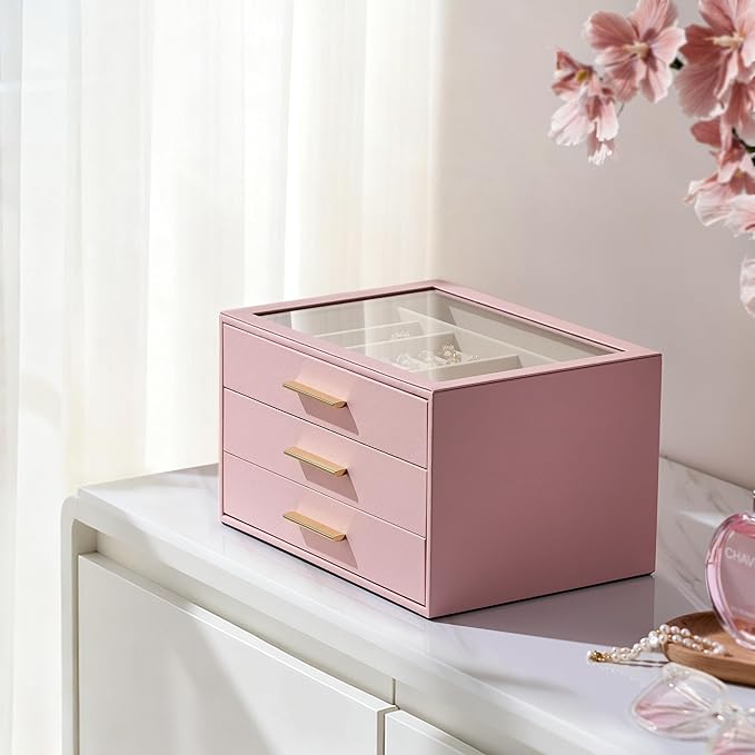 pickpiff Jewelry Box Organizer Case for Women: 3-Layer Jewelry Storage Case with Glass Window, Pink Leather with Velvet Holde