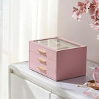 pickpiff Jewelry Box Organizer Case for Women: 3-Layer Jewelry Storage Case with Glass Window, Pink Leather with Velvet Holde