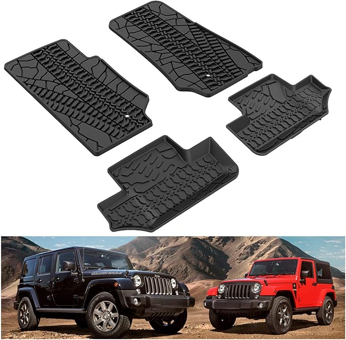 KIWI MASTER Floor Mats for 2007-2013 Jeep Wrangler JK 2-Door, Custom Fit All Weather Car Mats, Heavy Duty TPE Floor Liners, Front & Rear 2 Row, Black