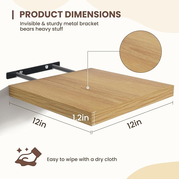 Fun Memories Square Floating Shelves for Wall - 12 Inch Deep Floating Shelves with Invisible Brackets, Oak Small Wall Shelf f