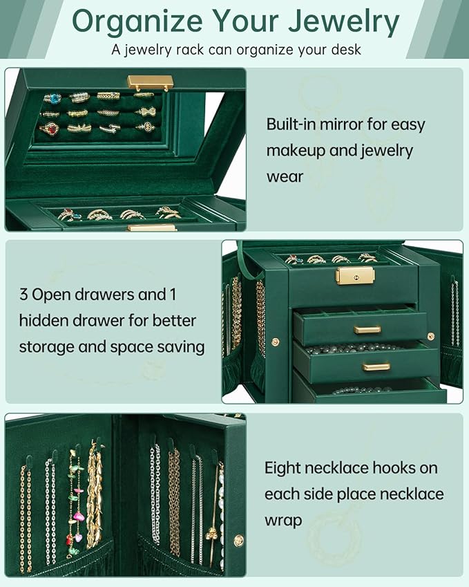 AKOZLIN 4-Tier Jewelry Box Leather Jewelry Storage Organizer with 3 Drawers Lockable for Women Girls Ring Necklace Earring Br
