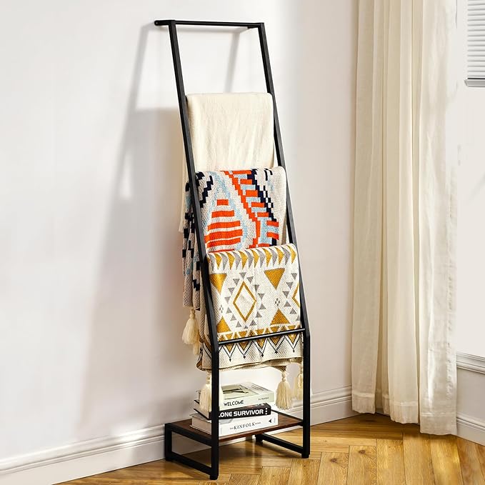 DGWJSU Blanket Ladder, 5 Tier Ladder Shelf,Wooden Blanket Ladders for Living Room and Bedroom, 5.2ft Blanket Holder Rack Farm