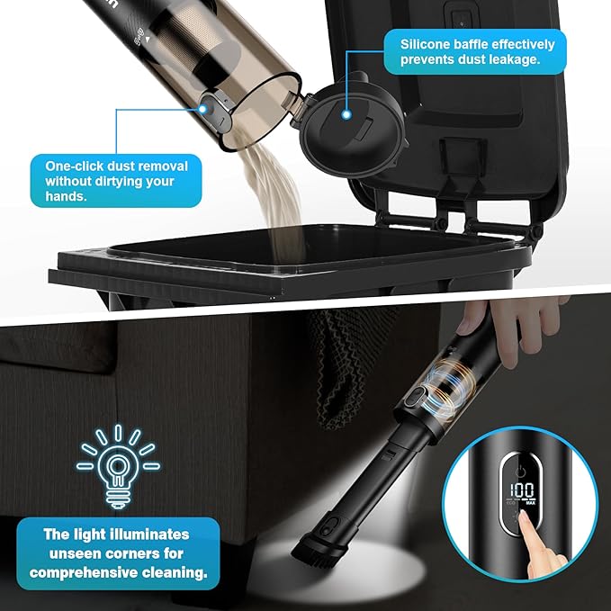 Car Vacuum, Handheld Vacuum Cordless with 14000PA Powerful Suction with LED Light, Air Duster 2-in-1,Low Noise Rechargeable P