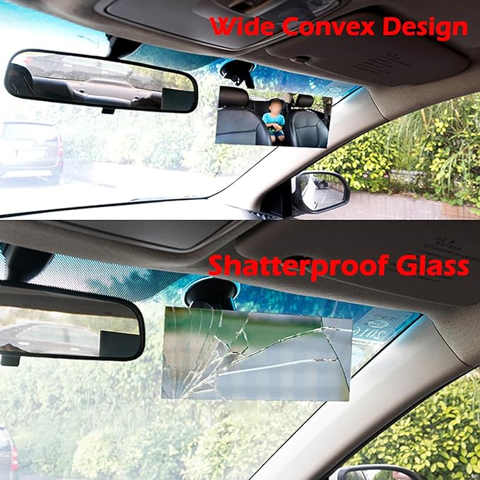 Suction Cup Baby Car Mirror, Ampper Adjustabe Long Arm HD Glass Convex Wide Angle Interior Rearview Baby Rear Facing Mirror (Frameless Rectangle, Large, 6.7" X 2.9")