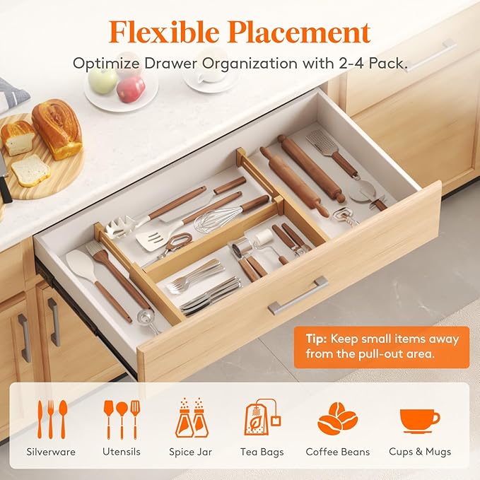 Lifewit 2.4" High 6 Pack Bamboo Drawer Dividers 33-42cm/13-16.5" Adjustable Wooden Drawer Organizer for Clothes/Utensils, Exp