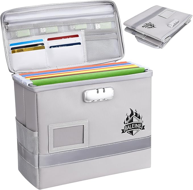 BALEINE Fireproof Document Box with Lock, Portable Fireproof Document Bag Waterproof Fire Proof File Boxes for Documents, Fil