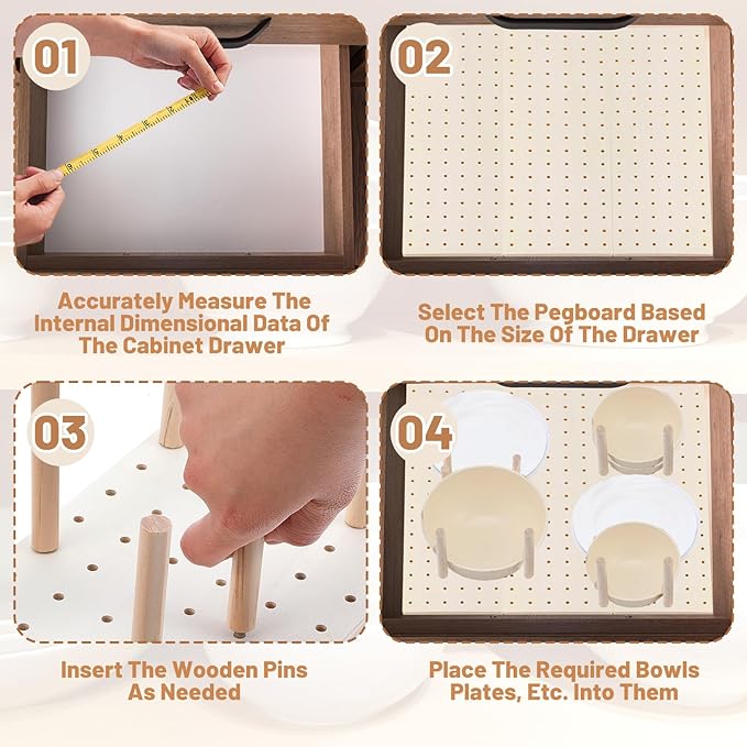 3 Pcs Wood Pegboard Drawer Organizer with 24 Pegs Wooden Peg Board Drawer Shelf Organizer Adjustable Peg System for Dishes Pl