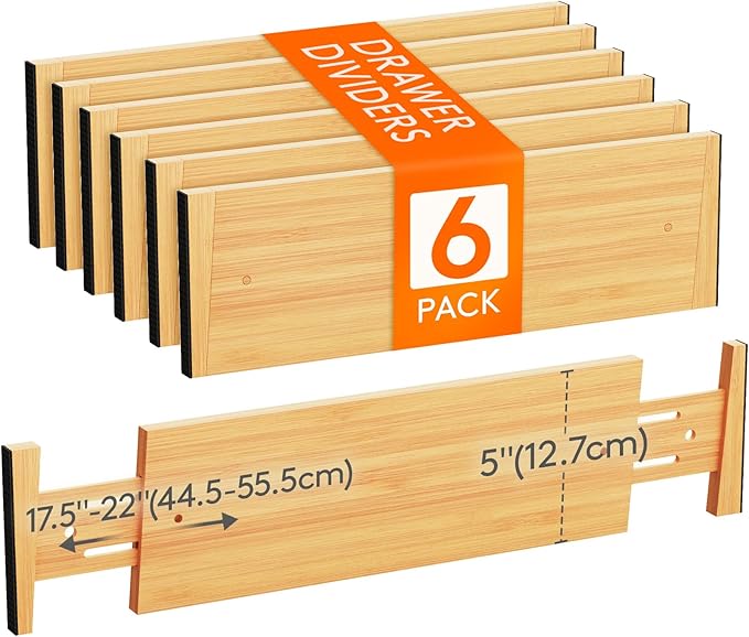 Lifewit 5" High 6 Pack Bamboo Drawer Dividers 45-55cm/17.5-22" Adjustable Wooden Drawer Organizer for Clothes/Utensils, Expan