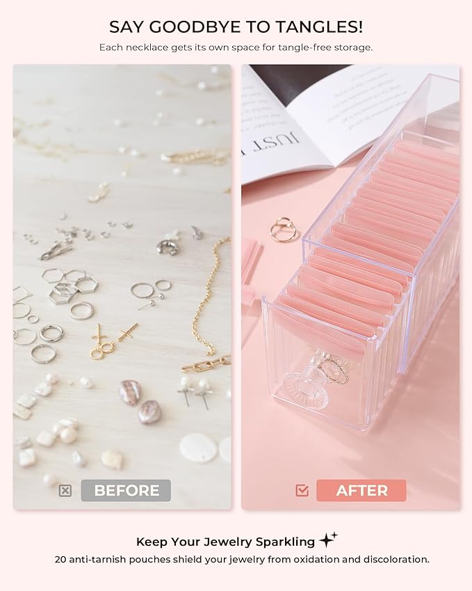 HOMEHIVE Clear Acrylic Jewelry Organizer Box with 20 Portable Pouches, Jewelry Storage Case for Women Girls, Tangle-Free, Ant