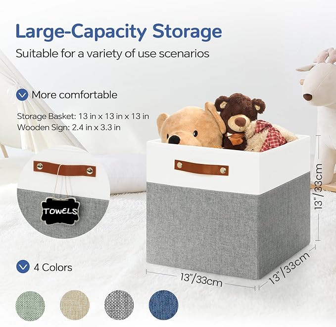13x13 Storage Cubes 4-Pack, Large Foldable Fabric Cube Storage Bin with Reinforced Bottom and Labels, Organizer Baskets for S