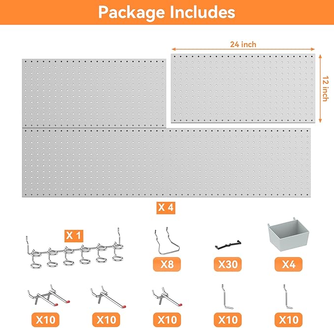 WALMANN Metal Pegboard Kit with Accessories for Wall Garage Tools Storage Pegboard for Garage, Workbench, Modular Peg Board T
