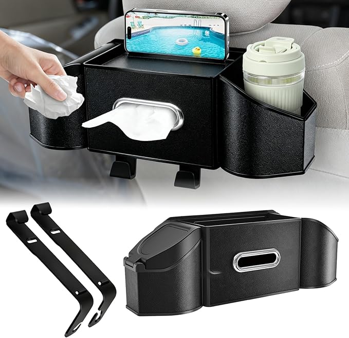 7-In-1 Multifunctional Car Seat Back Organizer with Cup Holders, Tissue Box, Garbage Can & Hooks, Headrest Storage & Cup Holder for Backseat (Black)