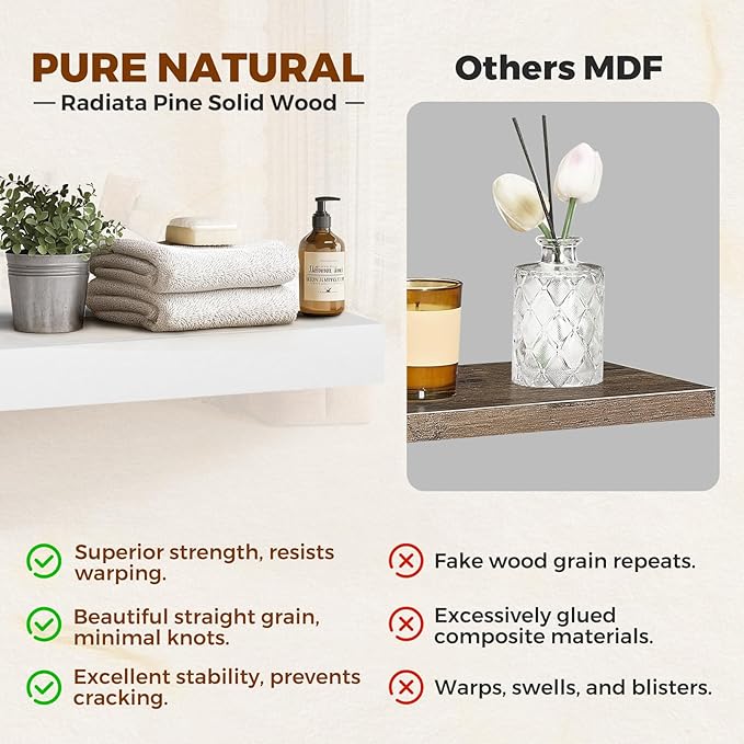 Floating Wall Shelf 36x6.8x1.7 Inch – Solid Wood Shelf in White Finish – Heavy Duty Wall Mounted Rustic Display Shelf for Liv