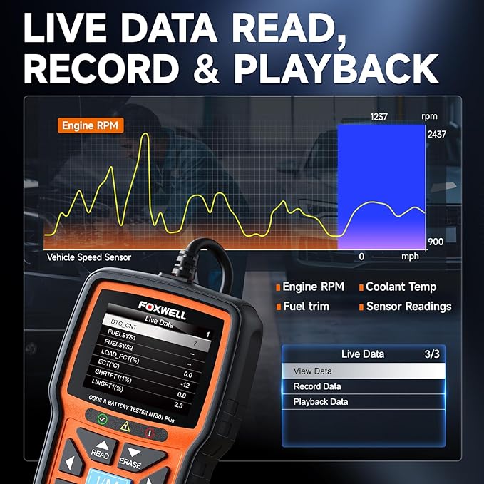 Upgraded of NT301, FOXWELL NT301 Plus 2-in-1 OBD2 Scanner Car Battery Tester, Professional Code Reader Check Engine Diagnostic