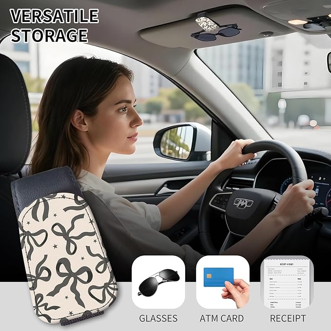 Sunglasses Holder for Car Visor, PU Leather Glasses Clip Organizer, Cute Magnetic Eyeglass Holder for Vehicle Sun Visor, Car Interior Accessory for Women & Men Black Bow Sketch